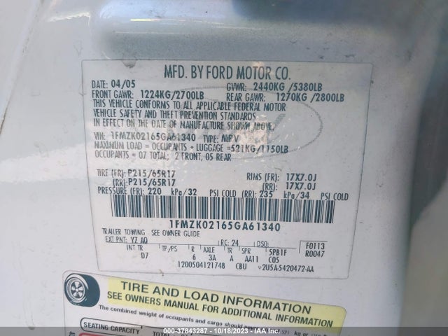 2005 FORD FREESTYLE SEL VIN: 1FMZK02165GA61340