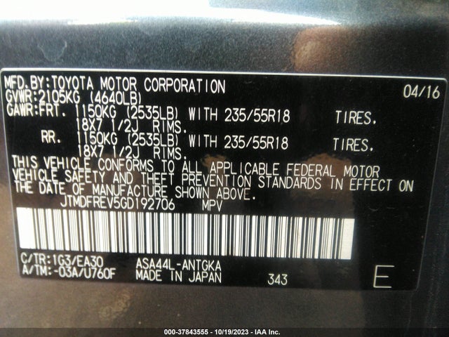 Toyota Rav4 Limited 2016 JTMDFREV5GD192706 Image 9
