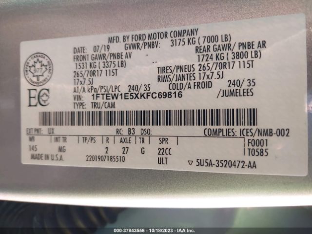 1FTEW1E5XKFC69816 Ford F-150 Xl/xlt/lariat