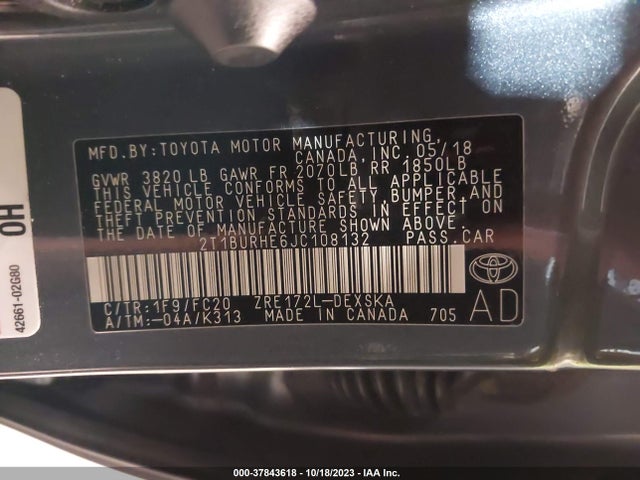 2018 TOYOTA COROLLA L/LE/XLE/SE/XSE VIN: 2T1BURHE6JC108132