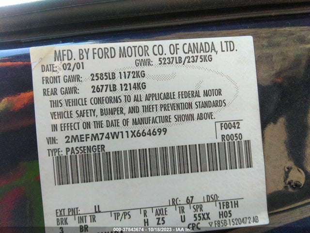 2001 MERCURY GRAND MARQUIS GS VIN: 2MEFM74W11X664699
