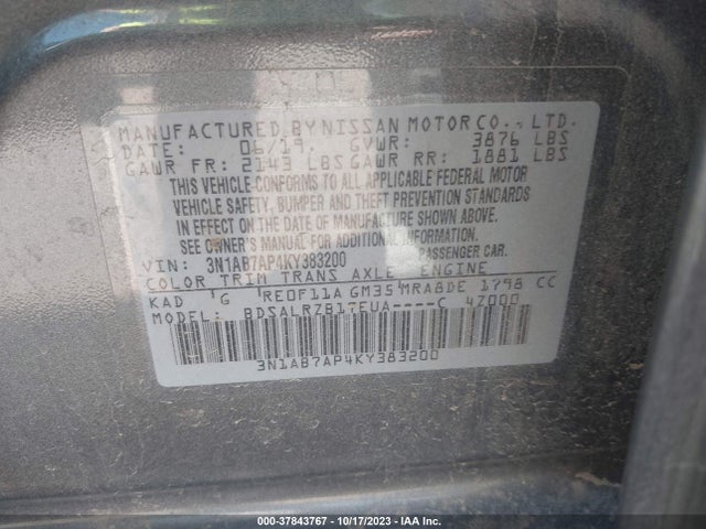 2019 NISSAN SENTRA SR VIN: 3N1AB7AP4KY383200