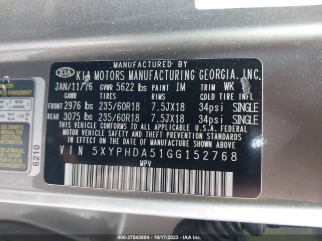 5XYPHDA51GG152768 KIA SORENTO EX