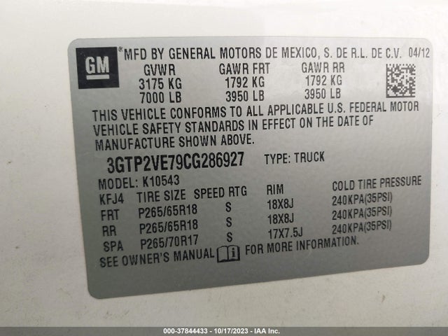 2012 GMC SIERRA 1500 SLE VIN: 3GTP2VE79CG286927