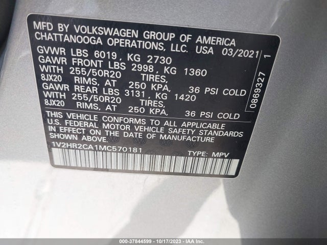 1V2HR2CA1MC570181 Volkswagen Atlas 3.6l V6 Se W/technology
