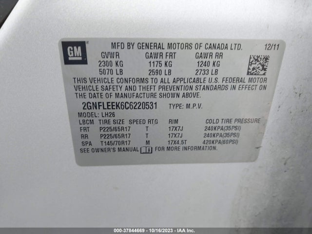 2012 CHEVROLET EQUINOX LT W/1LT VIN: 2GNFLEEK6C6220531
