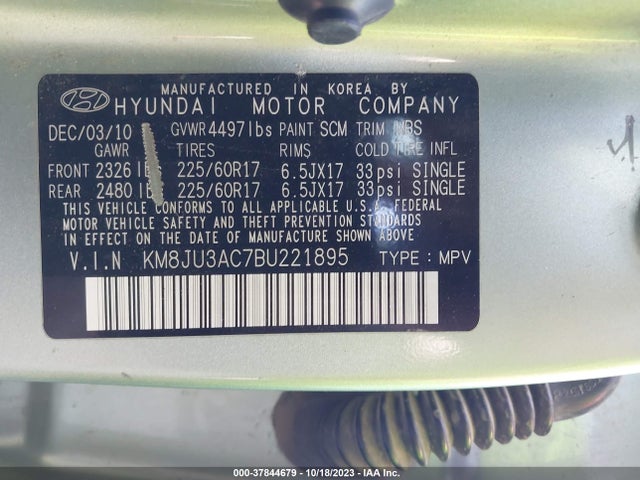 2011 HYUNDAI TUCSON GLS PZEV VIN: KM8JU3AC7BU221895