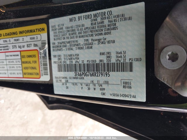 3FA6P0G76KR279195 Ford FUSION S