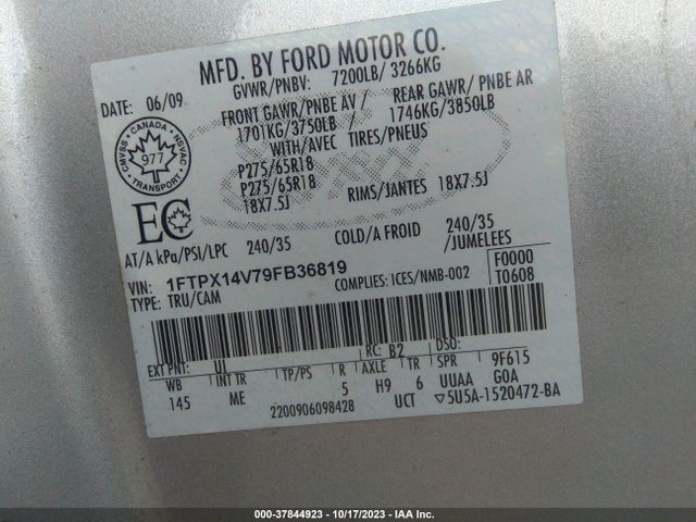 2009 FORD F-150 XL/XLT/FX4/LARIAT VIN: 1FTPX14V79FB36819