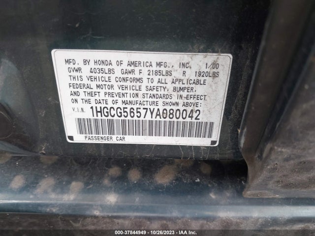 2000 HONDA ACCORD SDN EX VIN: 1HGCG5657YA080042