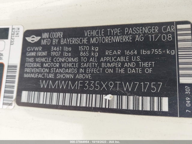 2009 MINI COOPER HARDTOP WMWMF335X9TW71757 Photo 8