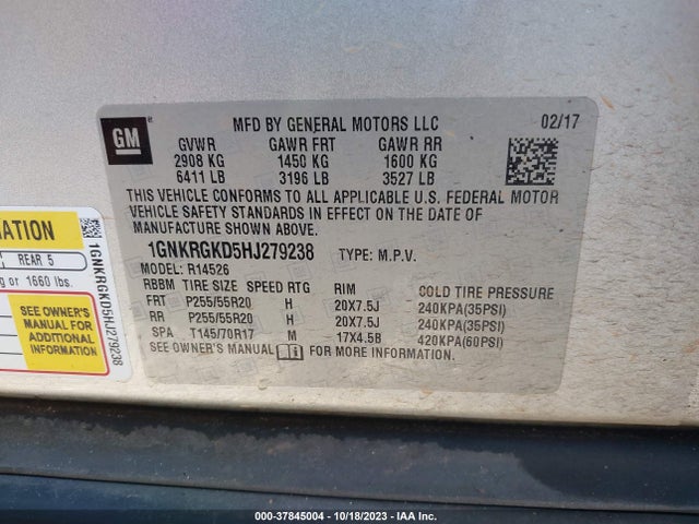 Chevrolet Traverse 1lt 2017 1GNKRGKD5HJ279238 Image 9