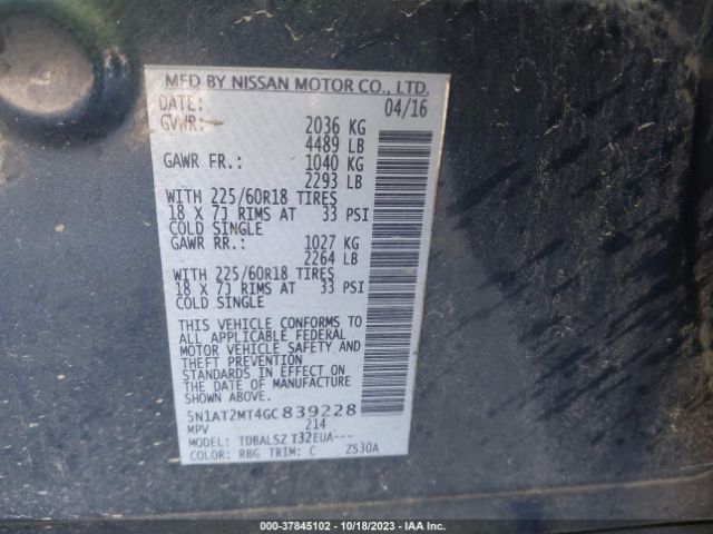 5N1AT2MT4GC839228 Nissan Rogue Sl