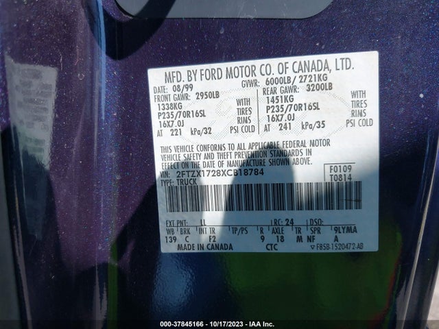 1999 FORD F-150 VIN: 2FTZX1728XCB18784