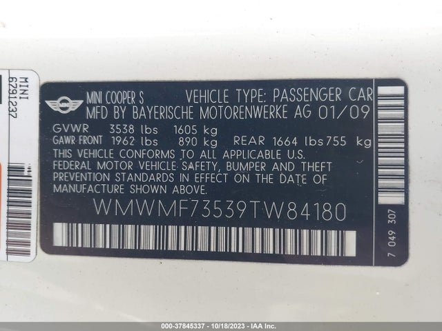 2009 MINI COOPER HARDTOP WMWMF73539TW84180 Photo 8