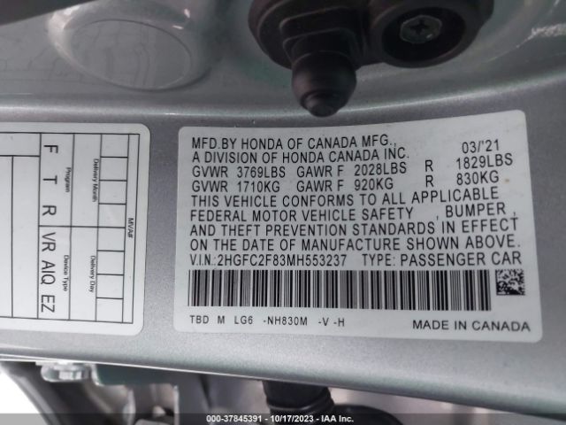 2HGFC2F83MH553237 Honda Civic Sedan Sport