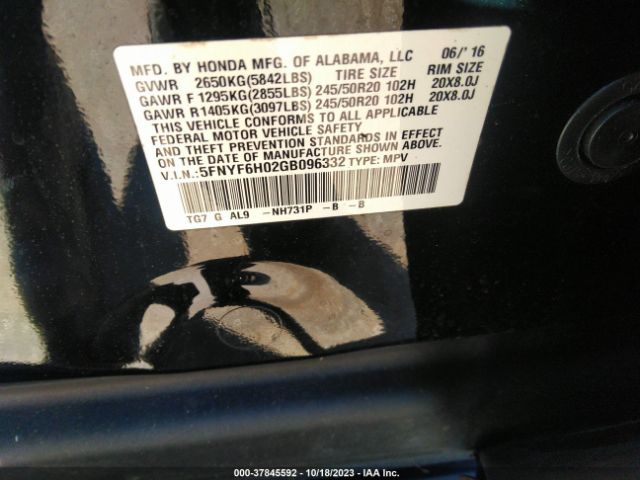 5FNYF6H02GB096332 Honda Pilot Elite