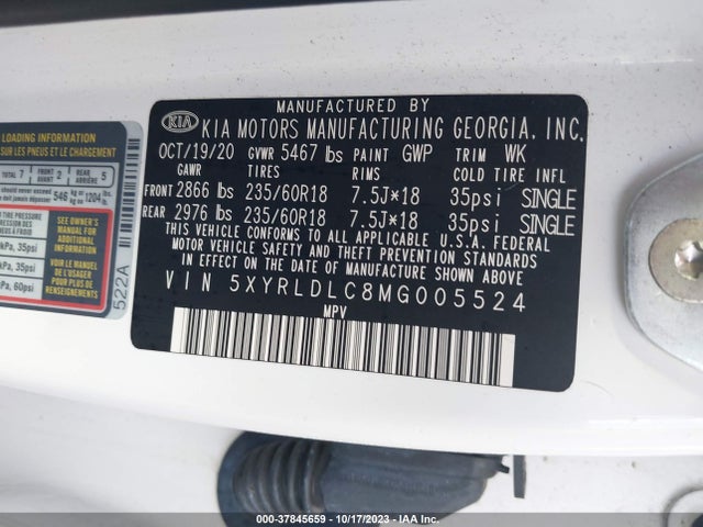 2021 KIA SORENTO S VIN: 5XYRLDLC8MG005524