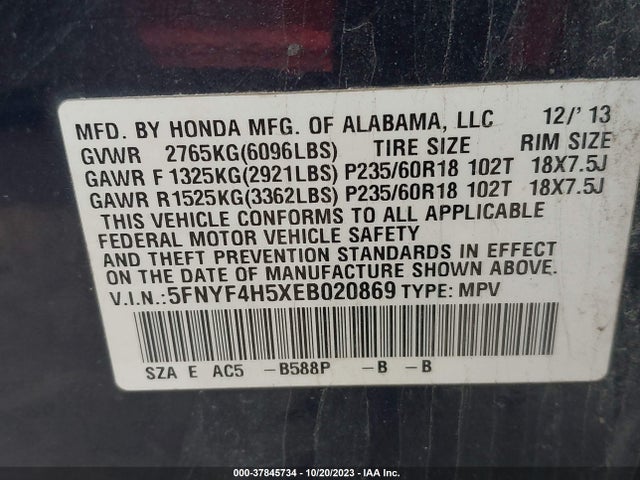 2014 HONDA PILOT EX-L VIN: 5FNYF4H5XEB020869