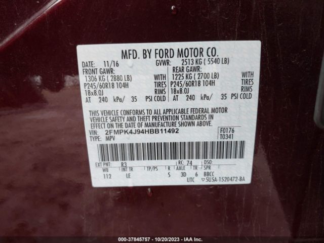 2FMPK4J94HBB11492 Ford EDGE SEL