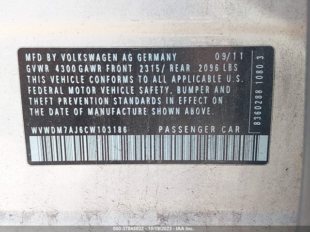 2012 VOLKSWAGEN GOLF TDI VIN: WVWDM7AJ6CW103186