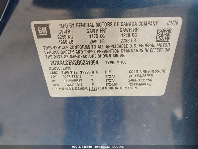2016 CHEVROLET EQUINOX LT VIN: 2GNALCEK2G6241994