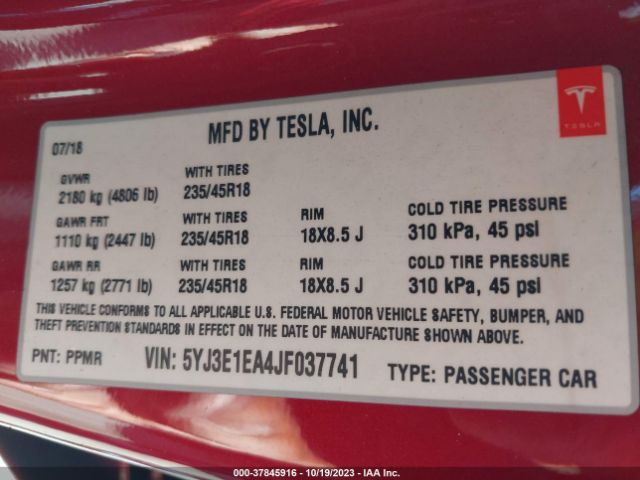 5YJ3E1EA4JF037741 Tesla Model 3 Range Battery