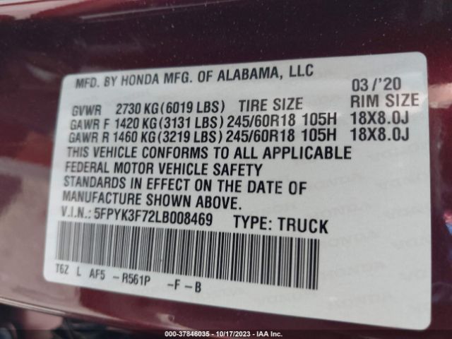 2020 HONDA RIDGELINE 5FPYK3F72LB008469 Photo 8