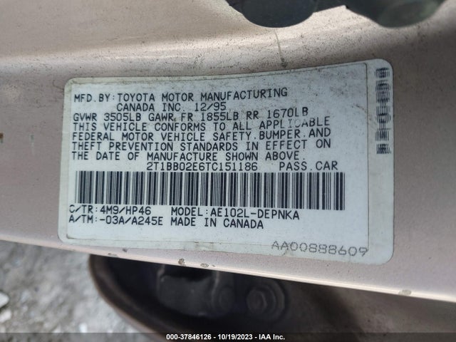 1996 TOYOTA COROLLA DX VIN: 2T1BB02E6TC151186
