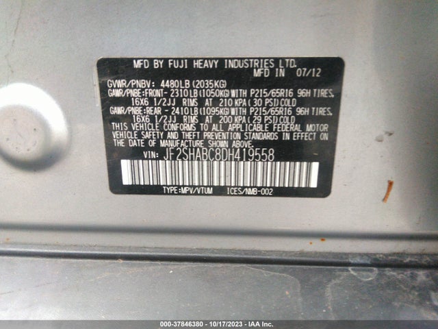 2013 SUBARU FORESTER 2.5X VIN: JF2SHABC8DH419558