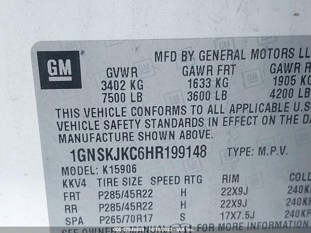 Chevrolet Suburban Premier 2017 1GNSKJKC6HR199148 Image 9