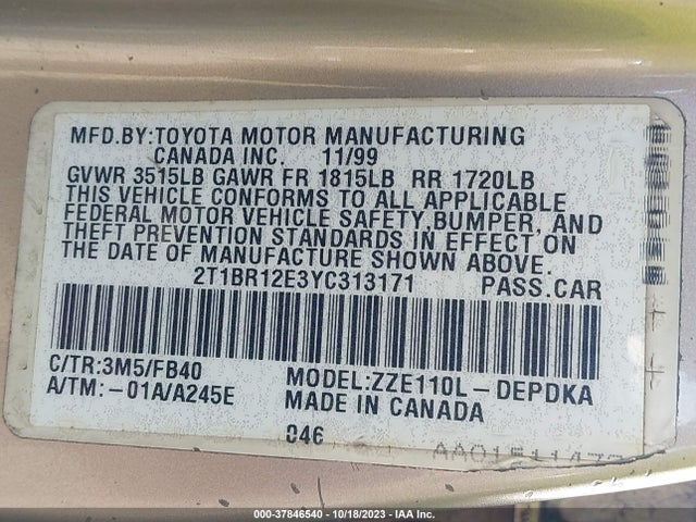 2000 TOYOTA COROLLA VE/CE/LE VIN: 2T1BR12E3YC313171