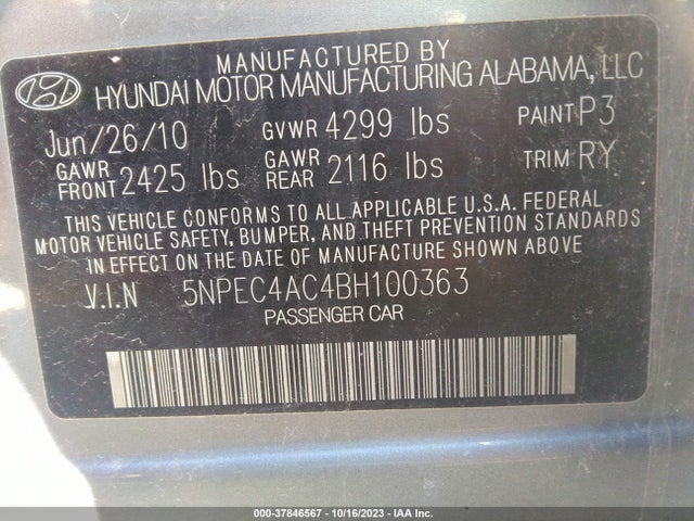 2011 HYUNDAI SONATA LTD VIN: 5NPEC4AC4BH100363