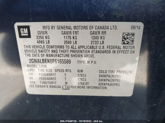 2015 CHEVROLET EQUINOX 1LT VIN: 2GNALBEK6F6165589