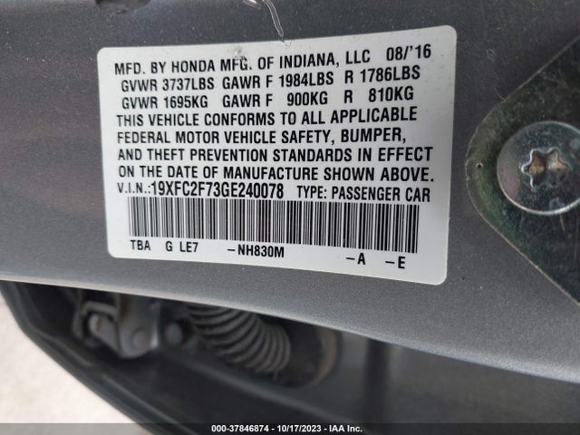 Honda Civic Sedan Ex 2016 19XFC2F73GE240078 Image 9