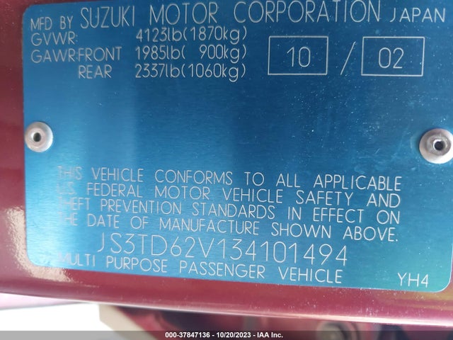 2003 SUZUKI GRAND VITARA VIN: JS3TD62V134101494