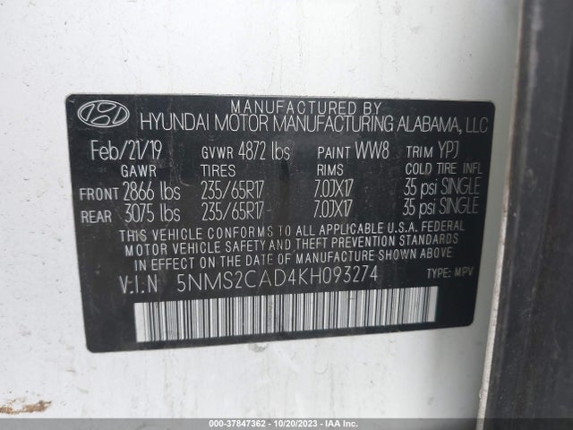 2019 HYUNDAI SANTA FE SE VIN: 5NMS2CAD4KH093274