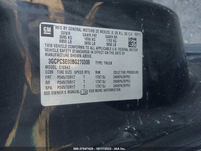 2011 CHEVROLET SILVERADO 1500 LT VIN: 3GCPCSE00BG270306