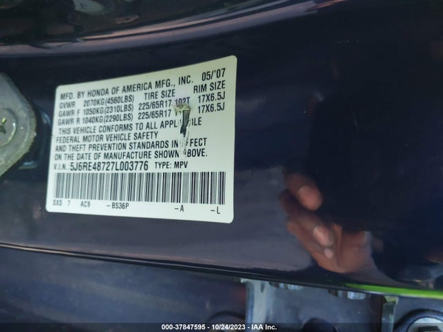2007 HONDA CR-V EX-L VIN: 5J6RE48727L003776