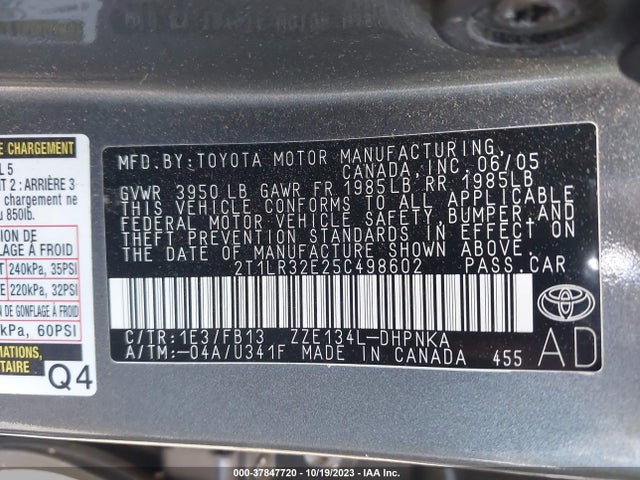 2005 TOYOTA MATRIX STD/XR VIN: 2T1LR32E25C498602