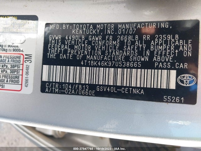 2007 TOYOTA CAMRY LE V6 VIN: 4T1BK46K97U538665