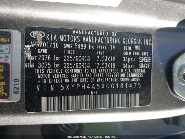 2016 KIA SORENTO 3.3L EX VIN: 5XYPH4A5XGG181475