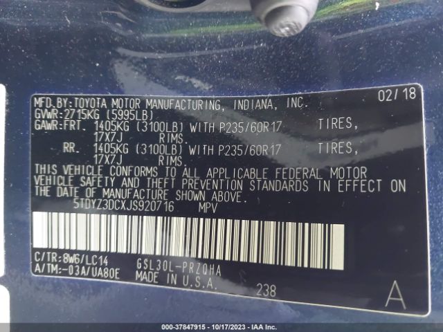 5TDYZ3DCXJS920716 Toyota SIENNA XLE