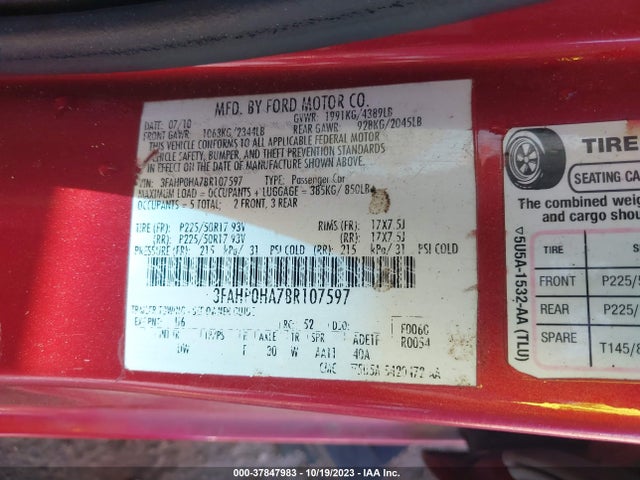 2011 FORD FUSION SE VIN: 3FAHP0HA7BR107597