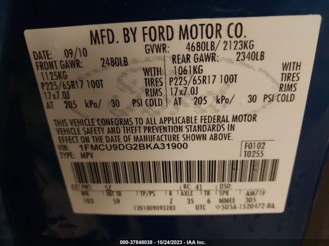 2011 FORD ESCAPE XLT VIN: 1FMCU9DG2BKA31900