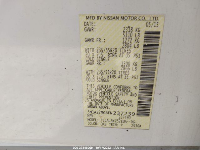 5N1AZ2MG6FN237239 Nissan Murano Platinum