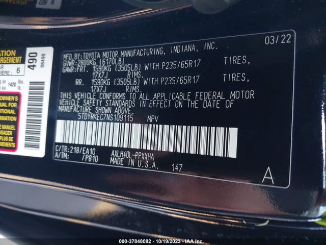 2022 TOYOTA SIENNA XLE VIN: 5TDYRKEC7NS109115