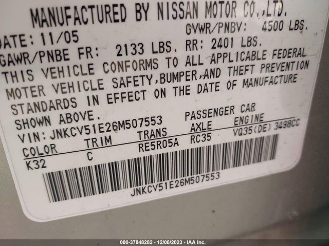 2006 INFINITI G35 SEDAN JNKCV51E26M507553 Photo 8