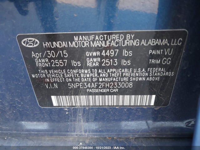 2015 HYUNDAI SONATA 2.4L SPORT VIN: 5NPE34AF2FH233008