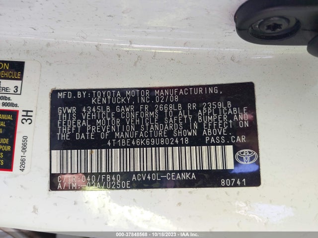 2009 TOYOTA CAMRY VIN: 4T1BE46K69U802418